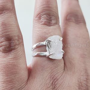 Raw <b>Stone</b> Jewelry Women's <b>Ring</b> Natural Rainbow Moonstone Gemstone June Birthstone Hammered <b>Two</b> Band 925 Sterling Silver <b>Ring</b> - Product Image 2