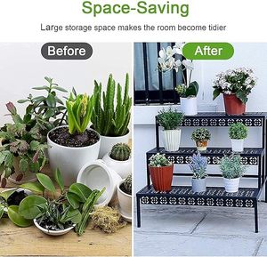 Metal Black Rectangular Ladder Flower <b>Pots</b> Plant Display Rack 3 Tiers Metal Plant <b>Stand</b> For Outdoor Indoor in Best Price - Product Image 4