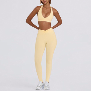 Women Yoga Set Halter Sports Bra High Waist Flare Pants Backless Workout Activewear Four-Way Stretch Seamless Elastic Waist - Product Image 4