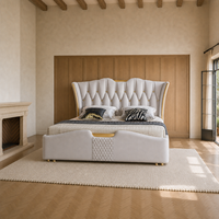 Lit capitonné de luxe en cuir à dossier ailé, style français, taille et couleur personnalisables, lit moelleux avec garniture dorée pour hôtel, villa, chambre à coucher