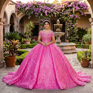 Vestidos de Quinceañera con Apliques de Cristal Fucsia Brillante 8524, con Lentejuelas y Cuentas, Estampado Natural, Ecológicos, para Mujer - Product Image 1
