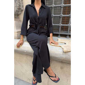 Costume décontracté en crêpe Ayrobin 10179 Printemps/Été Chemise à manches trois-quarts avec lien à nouer et pantalon fendu - Product Image 2