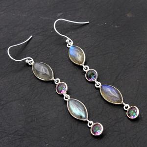 Boucles d'oreilles pendantes tendance en argent sterling avec pierre de labradorite, sertie en bélière, pour femmes - Cadeau de fête d'anniversaire, bijoux rhodiés/dorés - Product Image 4