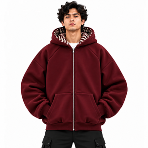<b>Men's</b> <b>Burgundy</b> Oversized Zip Up <b>Hoodie</b> Custom Zebra Print Satin Hood Lining Streetwear Zipper Jacket for <b>Men</b> - Product Image 1
