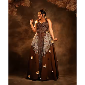 Vestido Elegante de Tela George Africana para Mujer, Ajustado, Bordado a Mano, de Algodón, Seda y Poliéster, Transpirable, con Encaje Estampado - Product Image 3