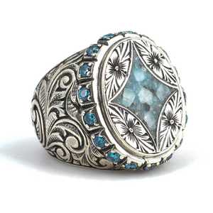 Anillo de Plata de Ley 925 para Hombre con Piedra Azul, Diseño de Flor Personalizado, Chapado en Rodio, Regalo - Product Image 2