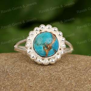 <b>Top</b> Quality Natural Blue Copper <b>Turquoise</b> Round Shape 12mm Solid 925 Sterling Silver Women Handmade Party Wear Ring Jewelry - Product Image 1
