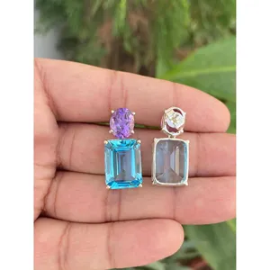925 Sterling Silver <b>Drop</b> <b>Earrings</b> with Blue Topaz & Amethyst Fashion Jewelry - Product Image 5