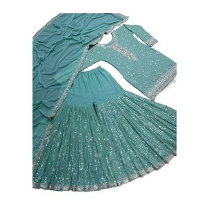 Ensemble brodé de paillettes indiennes Readymade Sharara Gharara Kurti, tissu Georgette, ensemble de vêtements ethniques de créateur pakistanais 3 pièces - Product Image 1