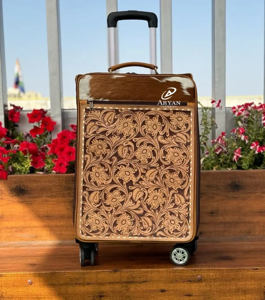New Handmade Western Tooled Cowhide Leather Luggage Bags Hot Sale Genuine Leather Trolley Bags Unisex Big Size Travel Suitcases