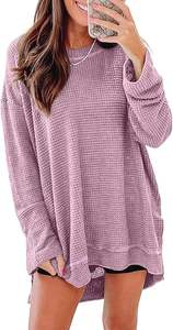Camisas de manga larga para mujer, sudadera de gran tamaño, cuello redondo, Waffle Knit, Tops de primavera para mujer 2025 - Product Image 6