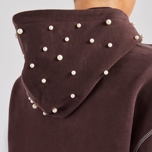 Pull à capuche pour femme, style français, personnalisé, très vendu, en coton avec pompons et perles brodées, motif uni, respirant - Product Image 2