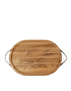 Bandeja de Servir de Madera Natural Grabada con Láser Personalizada, Plato Ovalado Decorativo de Madera para Desayuno con Asas de Cuero para Comida y Café - Product Image 1