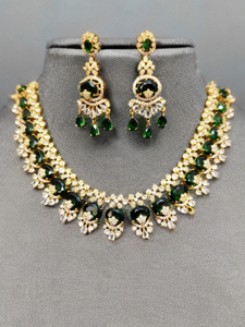 Emerald classic royale necklace & earrings set crafted with premium emerald <b>green</b> round cut stones - Product Image 3