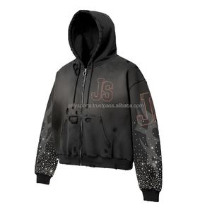 Sudadera con capucha y cremallera de invierno de primera calidad 380 GSM tela de lana color negro diamantes de imitación mangas de llama logotipo personalizado bordado básico Sudadera con capucha - Product Image 4