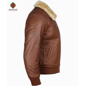 Men's Handmade Lambskin <b>Brown</b> Leather Bomber Jacket Vintage Biker with Quilted Fur Collar - Product Image 4