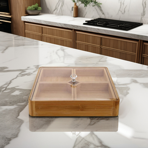 Premium 4-Compartment Beech Wood <b>Snack</b> <b>Box</b> with Lid & Handles - Decorative Wooden Nuts & Sweets Serving Tray - Product Image 1