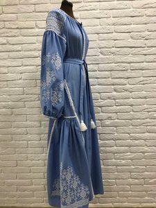 Robe longue bohème d'automne à col en V en coton tissé avec broderie florale et manches longues à taille naturelle - Product Image 2