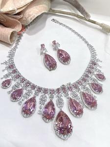Stylish Silver Finish Moissanite Statement Necklace Earrings <b>Set</b> <b>Women</b> Traditional Wedding Engagement <b>Gift</b> Party Wear Jewelry - Product Image 4