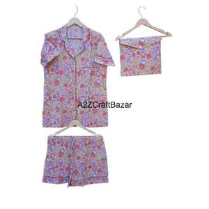 Ensemble de pyjama court pour femmes, 100% coton pur, imprimé floral indien romantique, respirant, col en V, fermeture à cordon, doux - Product Image 5