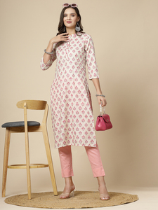 Ensemble pantalon et kurta pour femmes, style indien, élégant, couleur rose unie, coton, col mandarin, manches trois quarts, coupe droite - Product Image 6