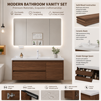 Meuble de salle de bain mural en bois massif de noyer, style nordique combiné, multi-niveaux, avec vasque en céramique intégrée et miroir inclus