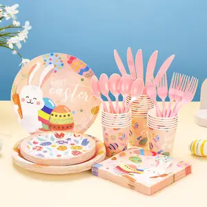 Happy Easter Party Supplies Kit Easter Disposable Dinnerware Paper Dinner Plates Napkins Cups For Easter Party Decorations