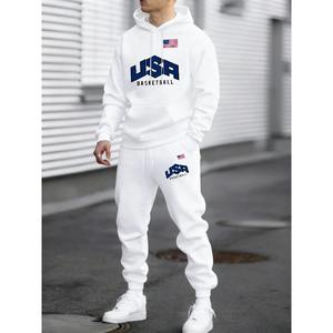 Conjunto informal retro holgado de otoño para hombre, jersey americano estampado, pantalones cálidos de forro polar y ropa de estilo básico neutro - Product Image 6