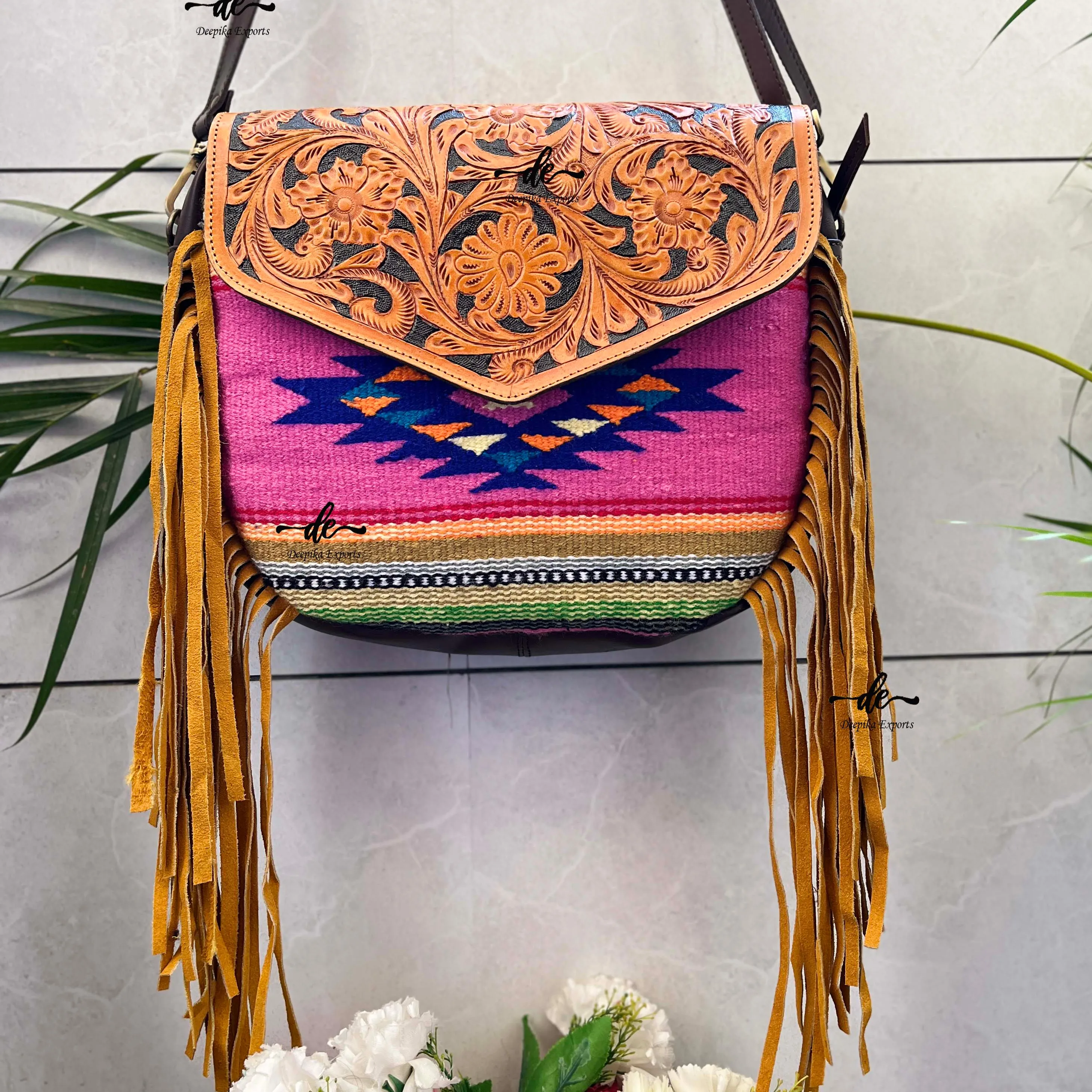Tas tangan desain baru tas jinjing selimut sadel Aztec warna merah muda Jacquard tas Bohemian selempang warna untuk wanita