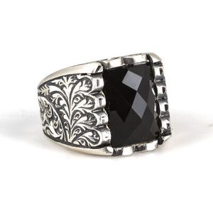 Handcrafted Vintage 925 Sterling Silver Men's <b>Ring</b> Faceted Onyx Bezel Setting Coral Pen-Shaped Design for Wedding Engagement - Product Image 3