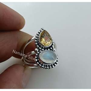 14K Gold Plated Handmade Women's <b>Statement</b> <b>Ring</b> with Natural Citrine & Rainbow Moonstone November Birthstone 925 Sterling <b>Silver</b> - Product Image 2