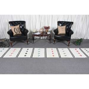 Alfombra de lana de retazos Beige moderna alfombra de sala de estar de tejido plano turco de 2,2x12,7 pies con respaldo de látex - Product Image 2