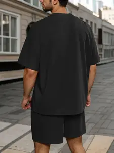 Chándal de verano transpirable de talla grande de 2 piezas para hombre, conjunto informal de camisa y pantalones cortos con hombros caídos, ropa de calle, traje de salón - Product Image 5