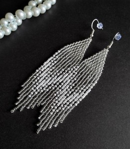 Boho Iridescent Blue, Gold, Black, and White Beaded Fringe <b>Earrings</b> with Lever <b>Back</b> Closures - Product Image 2