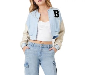 Chaqueta bomber blanca transpirable para mujer, Mangas de cuero, Colección Varsity de otoño, diseño corto personalizado, hombro caído, punto OEM ODM - Product Image 3