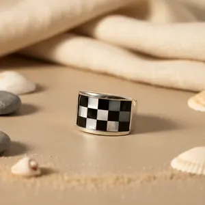 925 Silver Checkered <b>Ring</b> for Women Elegant Mother of <b>Pearl</b> Accent <b>Ring</b> - Product Image 3
