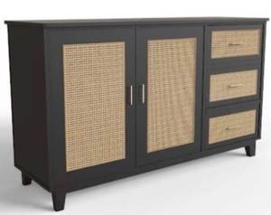 Armoire en rotin noir buffet 2 portes 3 tiroirs buffet crédence en bois meuble de rangement pour salle à manger ou chambre à coucher - Product Image 1