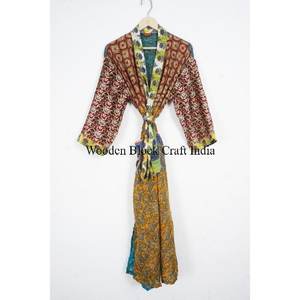 Handmade <b>Silk</b> Short <b>Kimono</b> for Women Hand Block Print Night Sleepwear Robe with Belt Tie Closure Floral Design Elegant Clothing - Product Image 1