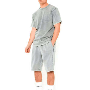 เสื้อยืดผู้ชายราคาถูก ผ้าฝ้าย 100% ล้างสีแบบแอซิดวอช เสื้อยืดซัมเมอร์สีซีดแบบดิสเทรส กางเกงขาสั้น ชุดเซ็ต 2 ชิ้น เสื้อยืดลำลองแบบสั่งทำสำหรับกิจกรรมกลางแจ้ง - Product Image 1