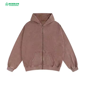 Nouveau design, meilleure qualité, sweat à capuche zippé unisexe en molleton bouclette, effet vieilli, délavé à l'acide, logo brodé, 100% coton - Product Image 3