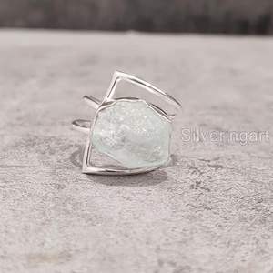 Bague pour femme en argent sterling 925, pierre précieuse naturelle aquamarine, pierre de naissance de mars, double bande, bijoux faits à la main, Noël - Product Image 4