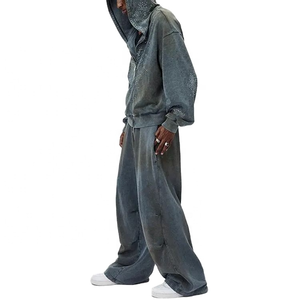 Survêtement à épaules tombantes en strass pour hommes Sweat à capuche respirant à fermeture éclair surdimensionné avec lavage à l'acide Pantalon de survêtement pour hommes - Product Image 6
