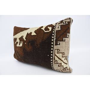 Oreiller patchwork Kilim en laine brune 16x24 pouces Oreiller d'accent floral vintage de luxe Technique tissée avec motif moelleux - Product Image 4