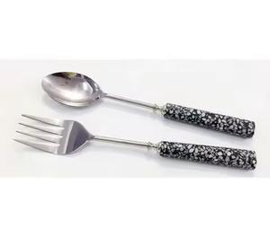 Juego de servicio de ensalada con mango de acero inoxidable elegante Juego de servidor de ensalada de metal de acero inoxidable Juego de cuchara y servidor grande - Product Image 2