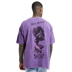 高品质男士100% 棉紫色水洗水滴肩圆领t恤价格合理出售