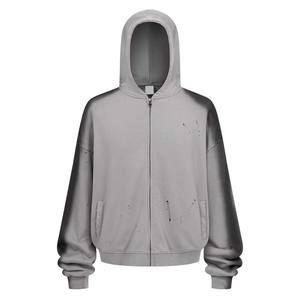 Sweat à capuche surdimensionné en éponge française 100% coton pour hommes délavé à l'acide lavé en détresse fermeture éclair complète pour l'hiver Street Style - Product Image 6