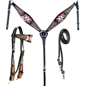Headstall Collar de pecho y riendas Tallado completo y mazorca y alrededor de tachuelas de níquel Western Leather Headstall y riendas de cuello de pecho - Product Image 1