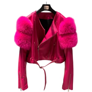 Chaqueta de Cuero Rosa, Chaqueta Corta de Motociclista para Mujer, Cuero de Oveja Auténtico con Chaqueta de Piel de Zorro - Product Image 2