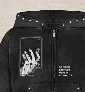 2025 nouveauté personnalisé unisexe lavé à l'acide en détresse sweat à capuche zippé avec strass, sérigraphie 100% coton polaire - Product Image 3