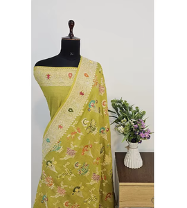 Sari de Georgette Tassur Puro de Lujo, 100% Auténtico, Hecho a Mano, con Motivos Tilfi Meena, Elegante Diseño Banarasi Multicolor para Fiestas - Product Image 6